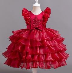 Flower Girl Dress Bow Pearl Wedding Dress Lace Princess Dress Birthday Costume Party Dress Holiday