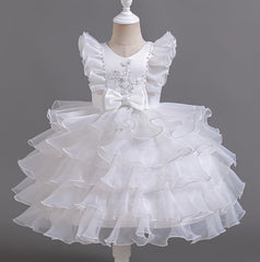 Flower Girl Dress Bow Pearl Wedding Dress Lace Princess Dress Birthday Costume Party Dress Holiday