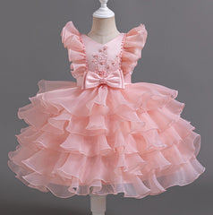 Flower Girl Dress Bow Pearl Wedding Dress Lace Princess Dress Birthday Costume Party Dress Holiday