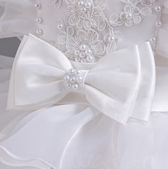 Flower Girl Dress Bow Pearl Wedding Dress Lace Princess Dress Birthday Costume Party Dress Holiday