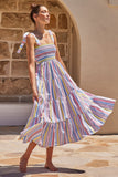 Striped Smocked Tie Strap Tiered Maxi Dress for Women