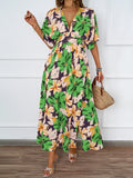 Women Summer Tropical Floral Deep V High Split Boho Maxi Dress