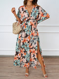 Women Summer Tropical Floral Deep V High Split Boho Maxi Dress