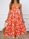 Women Summer Boho Leaf Print Square Neck Cami Tiered Sundress