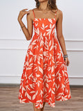 Women Summer Boho Leaf Print Square Neck Cami Tiered Sundress