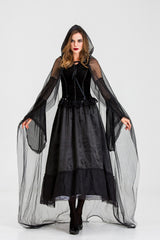 Gothic Hooded Witch Vampire Costume Dress Mesh Cape Long Gown for Women