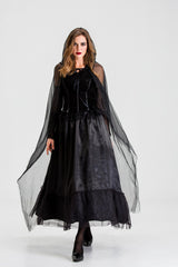 Gothic Hooded Witch Vampire Costume Dress Mesh Cape Long Gown for Women