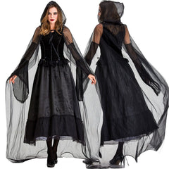 Gothic Hooded Witch Vampire Costume Dress Mesh Cape Long Gown for Women
