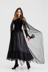Gothic Hooded Witch Vampire Costume Dress Mesh Cape Long Gown for Women