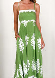 Women Summer Vacation Spaghetti Strap Embroidered Boho Maxi Dress