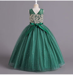Flower Girl Dress Bow Wedding Dress Pearl Lace Sequins Princess Dress Birthday Costume Party Holiday