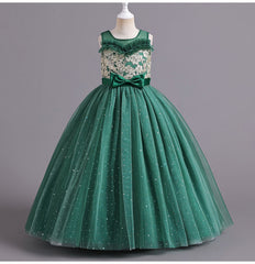 Flower Girl Dress Bow Wedding Dress Pearl Lace Sequins Princess Dress Birthday Costume Party Holiday