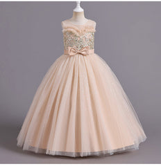 Flower Girl Dress Bow Wedding Dress Pearl Lace Sequins Princess Dress Birthday Costume Party Holiday