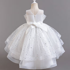 Flower Girl Dress Bow Trailing Wedding Dress Lace Pearl Princess Dress Birthday Costume Party Holiday