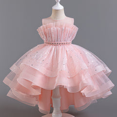 Flower Girl Dress Bow Trailing Wedding Dress Lace Pearl Princess Dress Birthday Costume Party Holiday