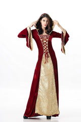 Medieval Renaissance Hooded Costume Dress Velvet Lace Up Long Gown for Women