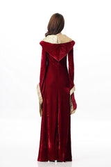 Medieval Renaissance Hooded Costume Dress Velvet Lace Up Long Gown for Women