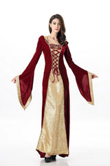 Medieval Renaissance Hooded Costume Dress Velvet Lace Up Long Gown for Women