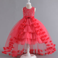 Wedding Dress Flower Girl Dress Bow Sequins Princess Dress Birthday Costume Party Holiday