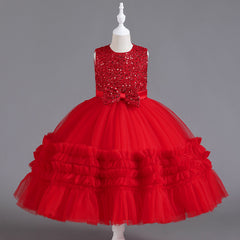 Sequin Wedding Dress Lace Bow Flower Girl Dress Sequins Princess Dress Birthday Costume Party Holiday