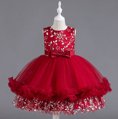 Wedding Dress Lace Bow Flower Girl Dress Sequins Princess Dress Birthday Costume Party Dress Holiday