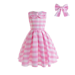 Girl Barbie Pink Plaid Sleeveless Cosplay Costume Dress For Party Holiday