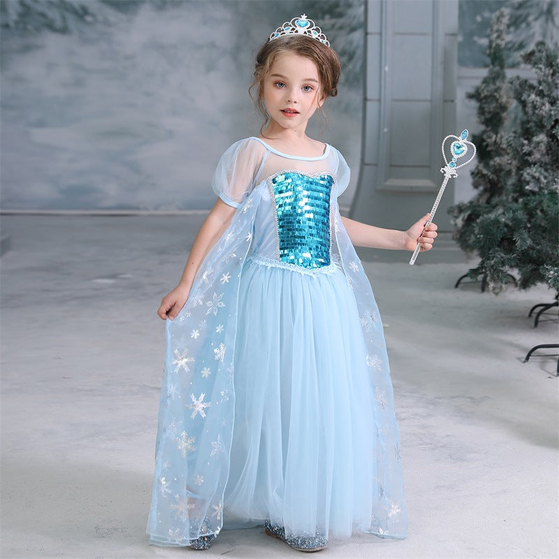 Frozen Elsa Princess Sequins Girls Costume Dresses With Crown Wand For Cosplay Party Holiday Fancy Dress