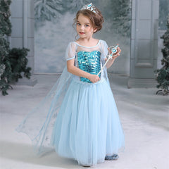 Frozen Elsa Princess Sequins Girls Costume Dresses With Crown Wand For Cosplay Party Holiday Fancy Dress