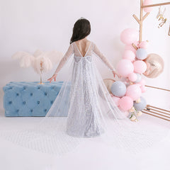 Frozen 2 Toddler Kids Elsa Princess Sequins Girls Costume Trailing Dresses with Crown Wand For Birthday Holiday Cosplay Party.