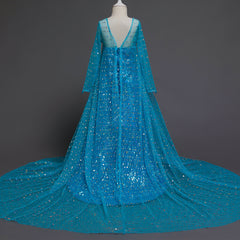 Frozen 2 Toddler Kids Elsa Princess Sequins Girls Costume Trailing Dresses with Crown Wand For Birthday Holiday Cosplay Party.