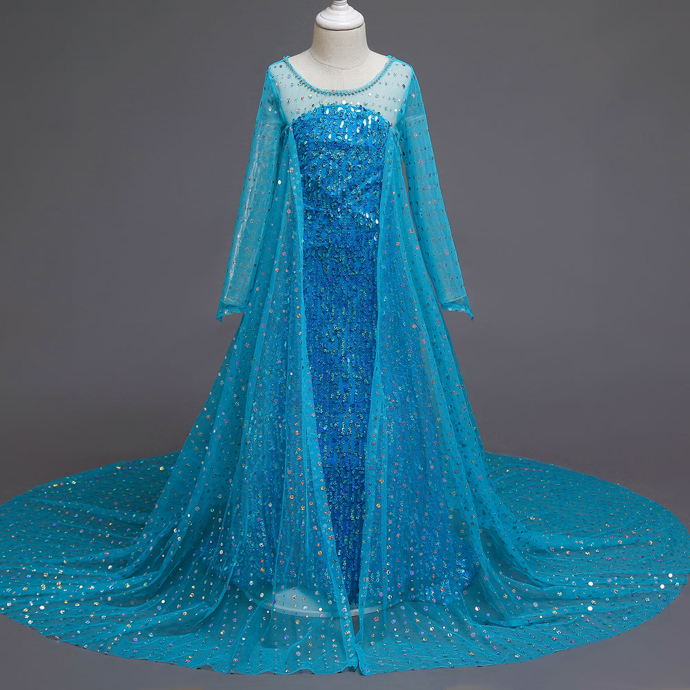 Frozen 2 Toddler Kids Elsa Princess Sequins Girls Costume Trailing Dresses with Crown Wand For Birthday Holiday Cosplay Party.