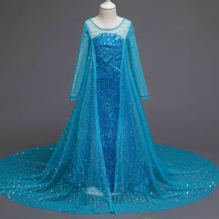Frozen 2 Toddler Kids Elsa Princess Sequins Girls Costume Trailing Dresses with Crown Wand For Birthday Holiday Cosplay Party.