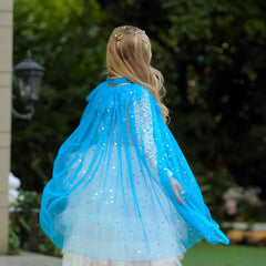 Princess Elsa Costume Rainbow Mesh Cape Cloak with Shiny Sequin Shawl Outerwear