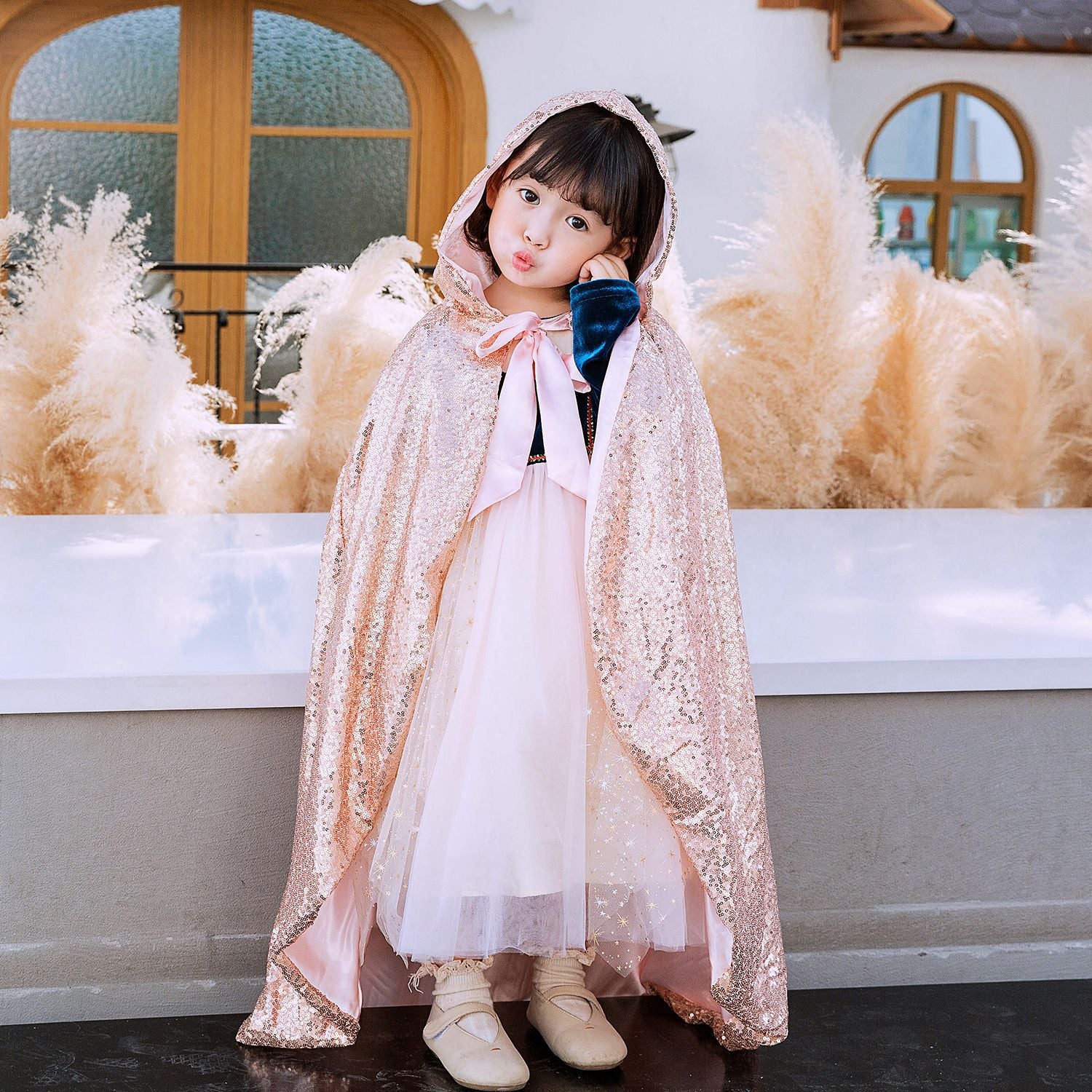 Frozen Fur Princess Sequins hooded Cloak Elsa costume Cape for Girl