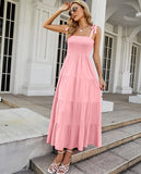 Women Summer Boho Floral Smocked Bust Sleeveless Tie Strap Tiered Long Sundress