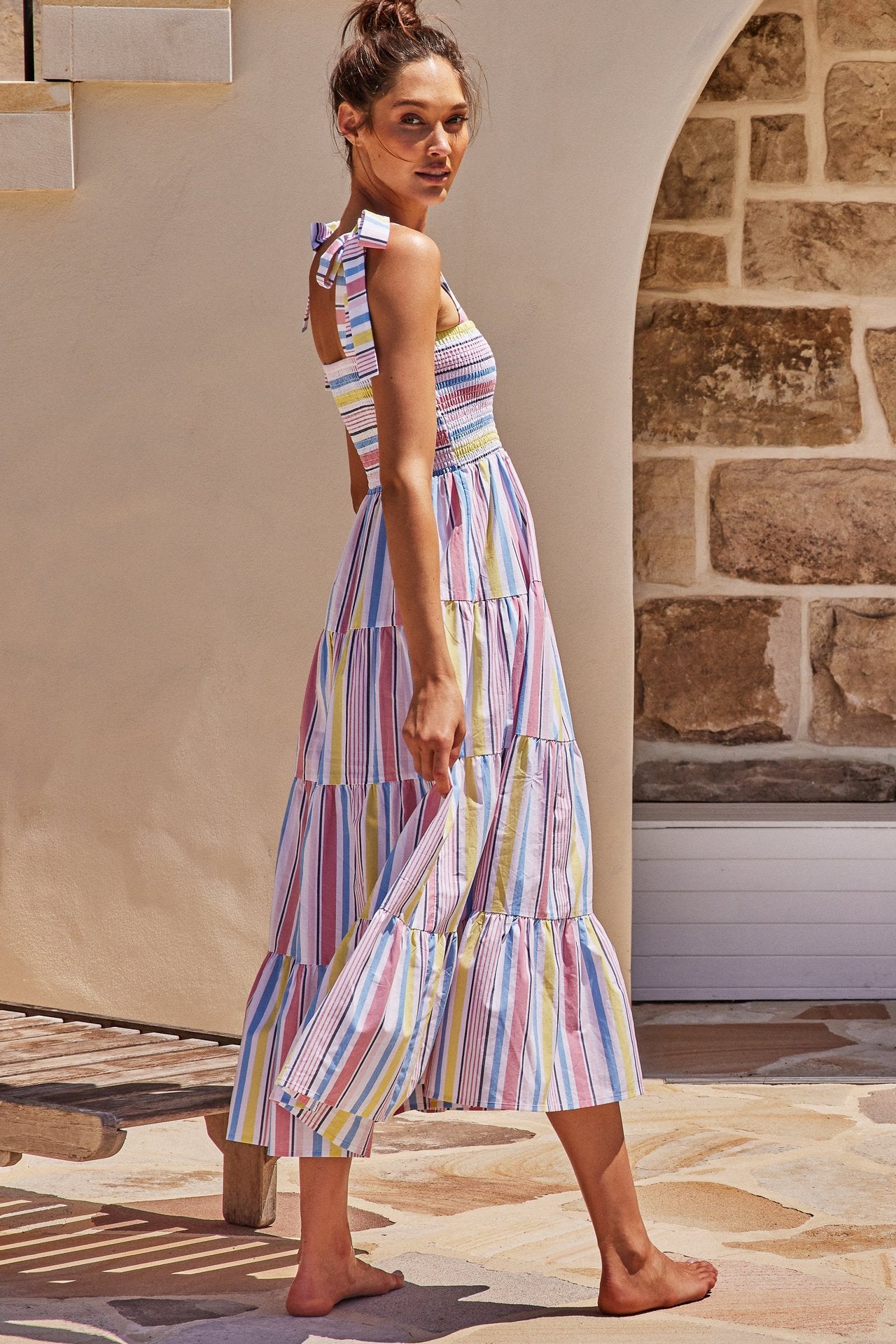 Striped Smocked Tie Strap Tiered Maxi Dress for Women