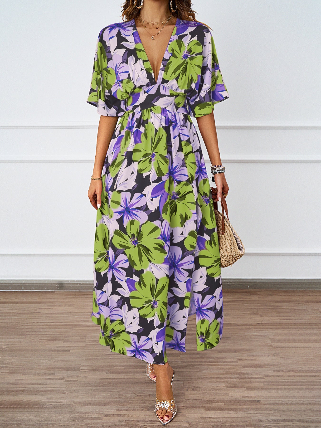 Women Summer Tropical Floral Deep V High Split Boho Maxi Dress