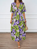 Women Summer Tropical Floral Deep V High Split Boho Maxi Dress