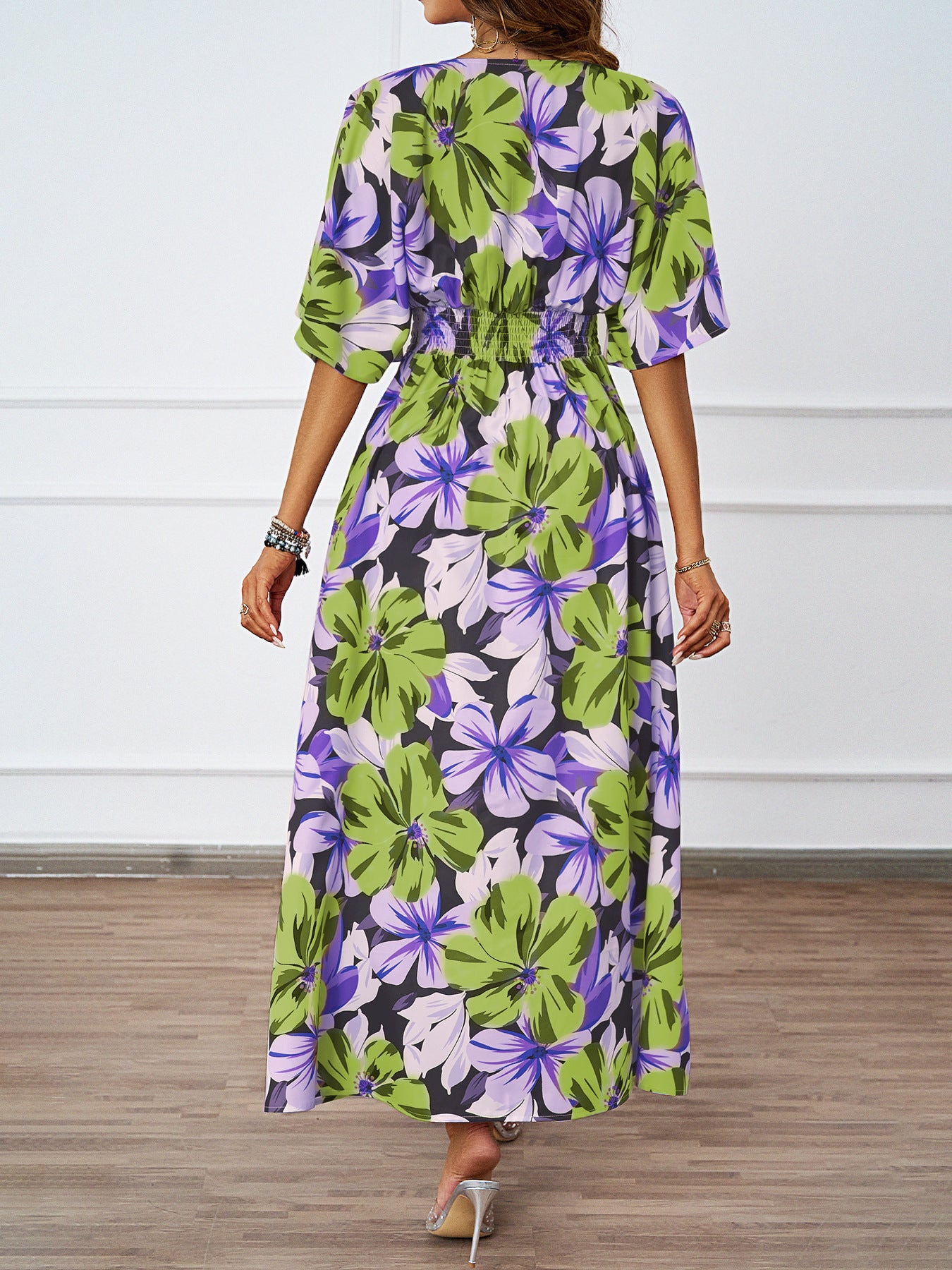 Women Summer Tropical Floral Deep V High Split Boho Maxi Dress