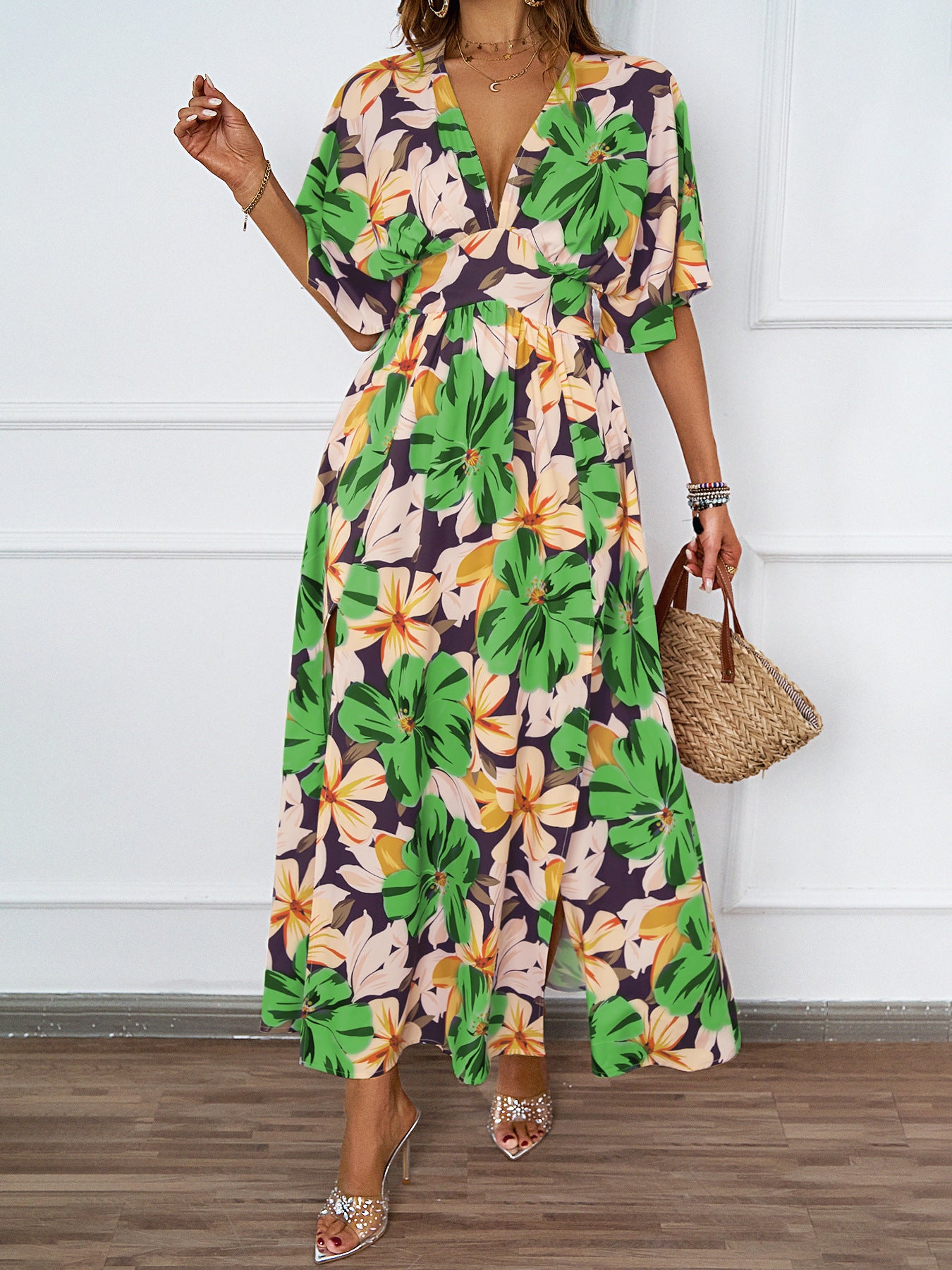 Women Summer Tropical Floral Deep V High Split Boho Maxi Dress
