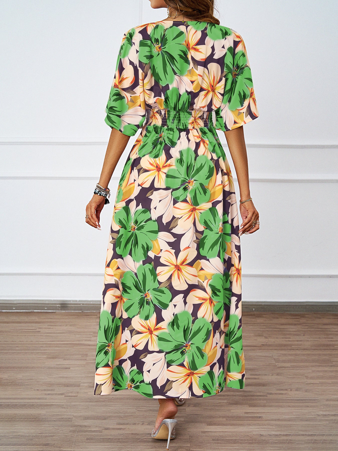 Women Summer Tropical Floral Deep V High Split Boho Maxi Dress