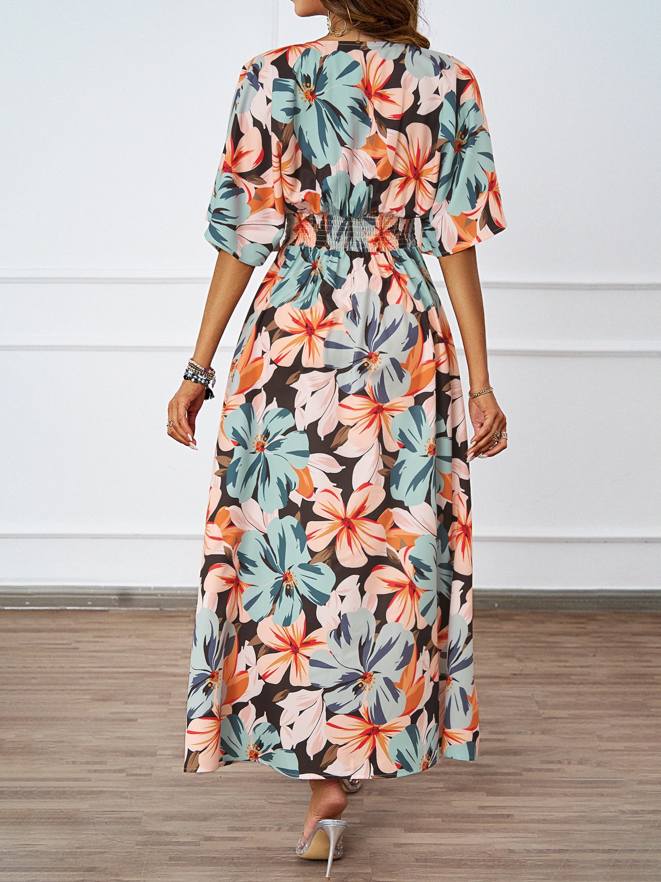 Women Summer Tropical Floral Deep V High Split Boho Maxi Dress
