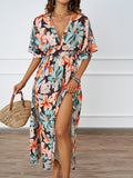 Women Summer Tropical Floral Deep V High Split Boho Maxi Dress
