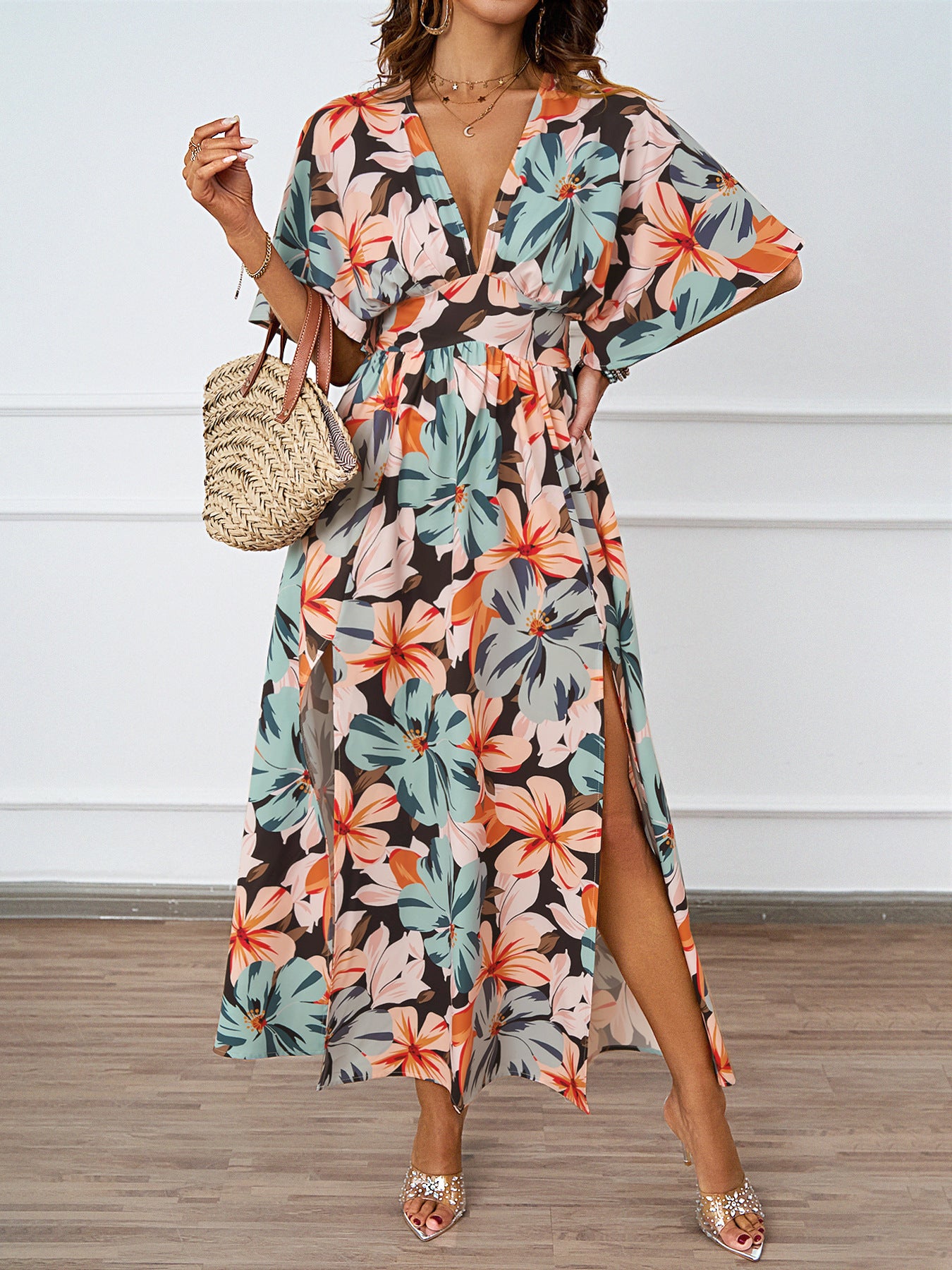 Women Summer Tropical Floral Deep V High Split Boho Maxi Dress