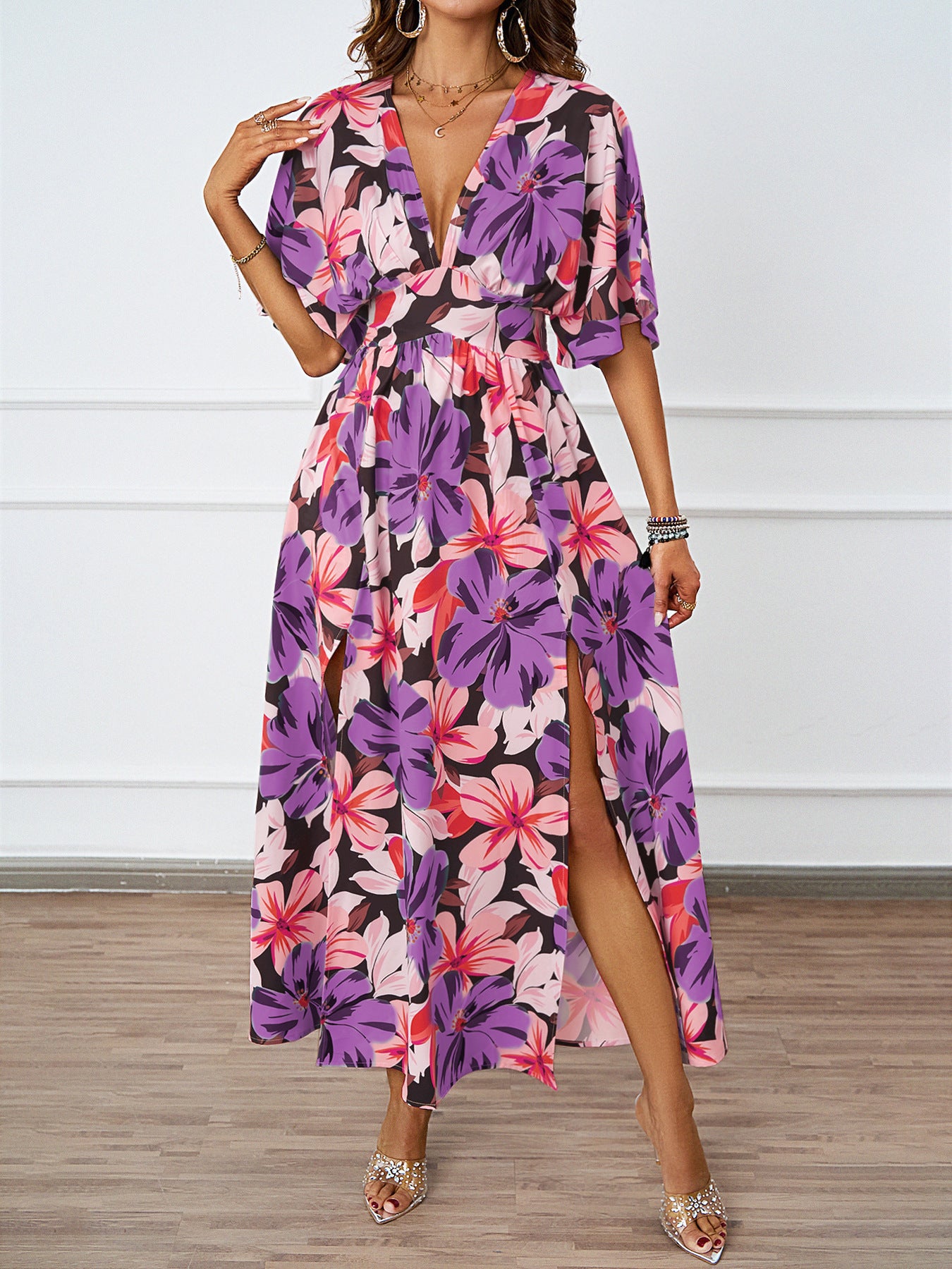 Women Summer Tropical Floral Deep V High Split Boho Maxi Dress