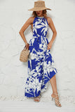 Floral Halter Sleeveless Belted Ruffle Hem Maxi Dress for Women