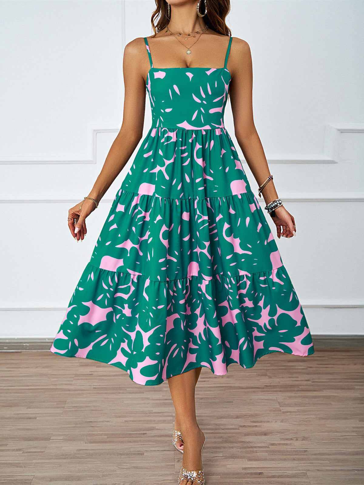 Women Summer Boho Leaf Print Square Neck Cami Tiered Sundress