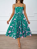 Women Summer Boho Leaf Print Square Neck Cami Tiered Sundress