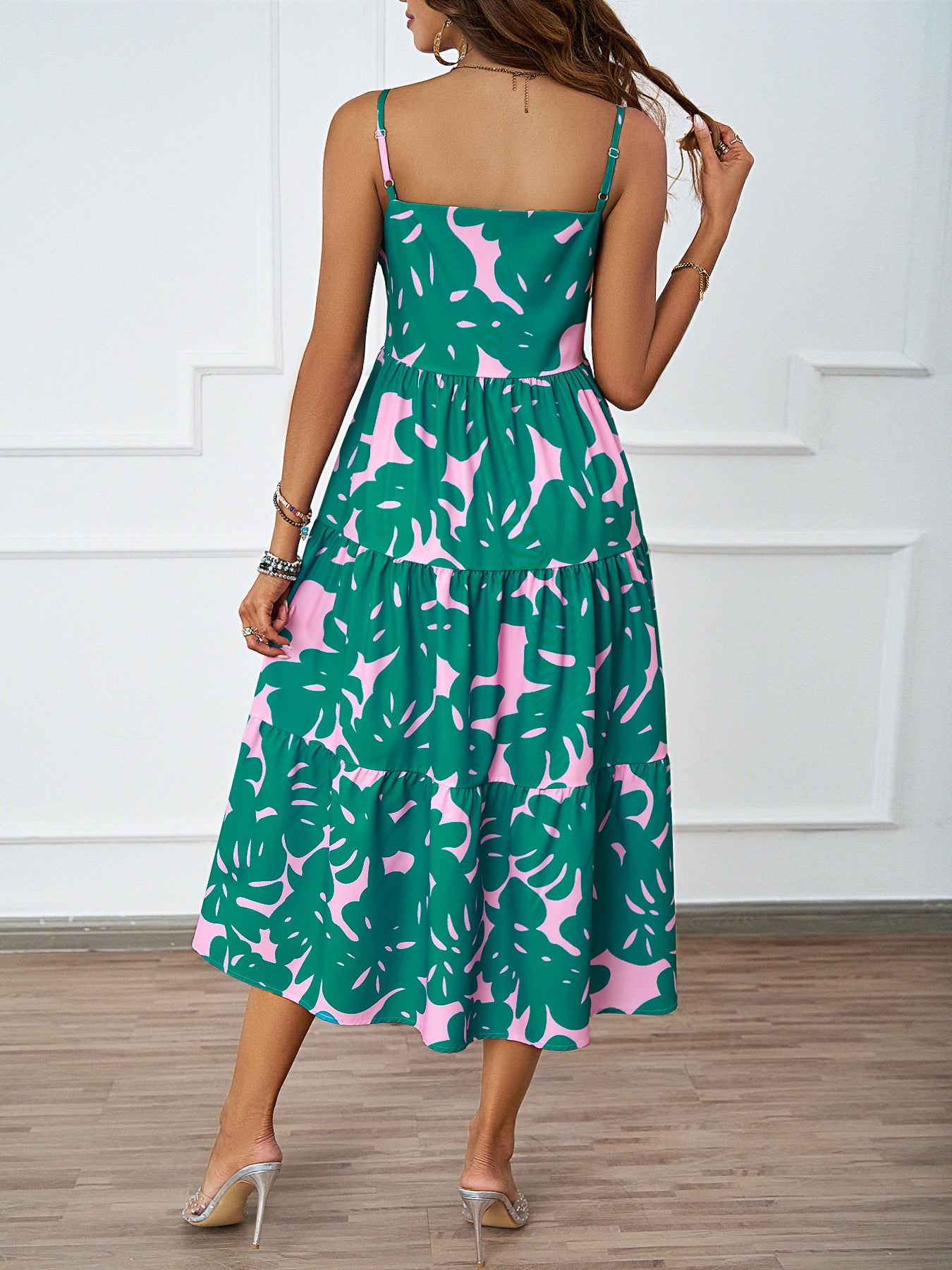 Women Summer Boho Leaf Print Square Neck Cami Tiered Sundress