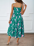 Women Summer Boho Leaf Print Square Neck Cami Tiered Sundress